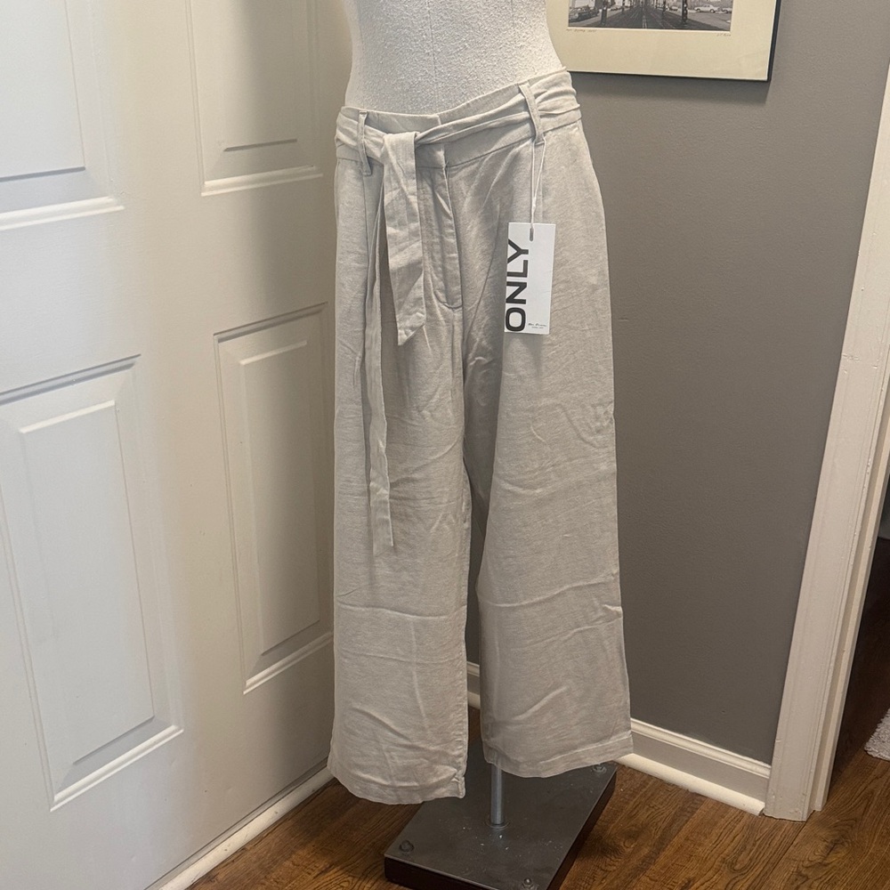 Anthropologie ONLY Light Tan/Gray Tie-Waist Trousers